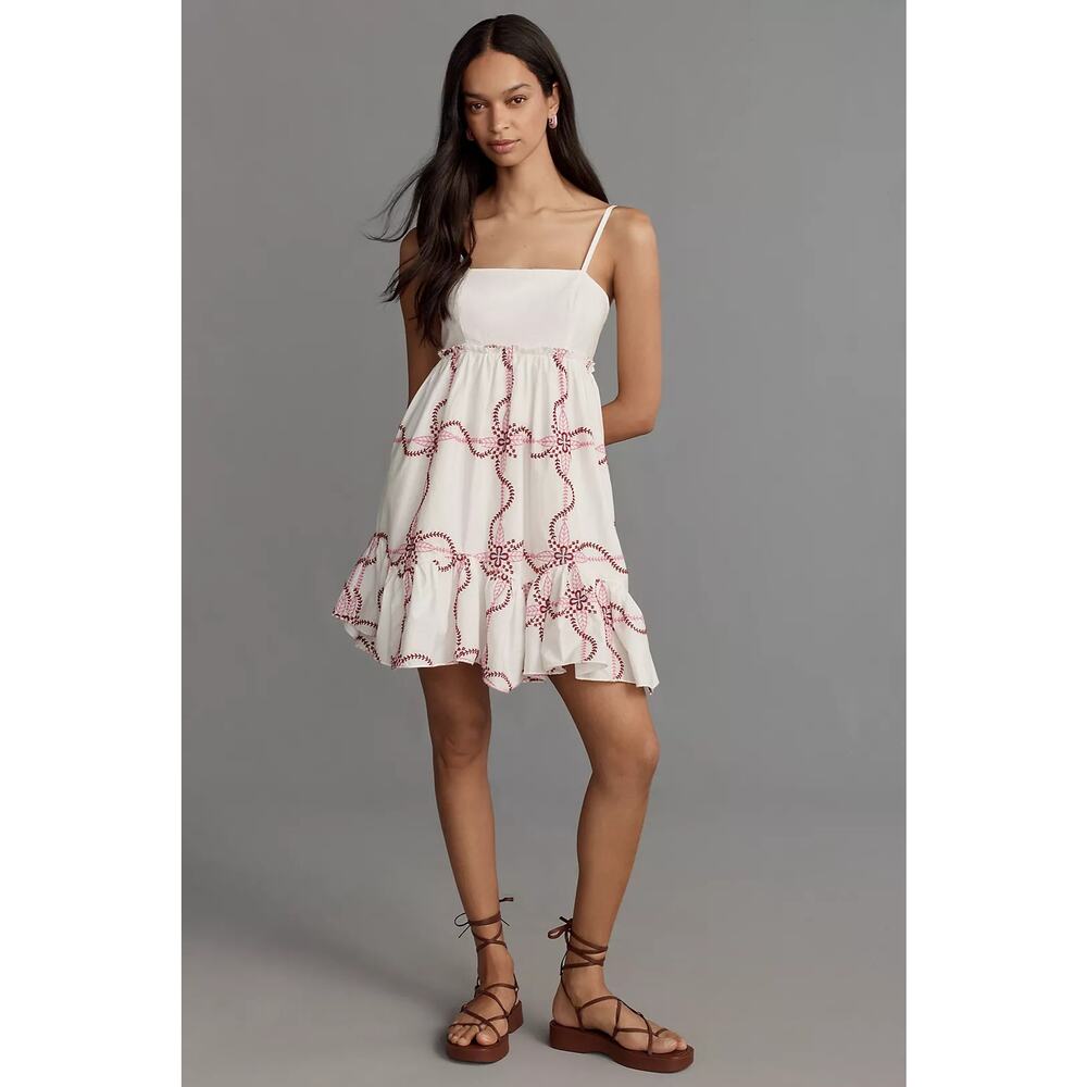 NWT Anthropologie Sleeveless Babydoll Mini Dress $168 SMALL Pink EMBROIDERED